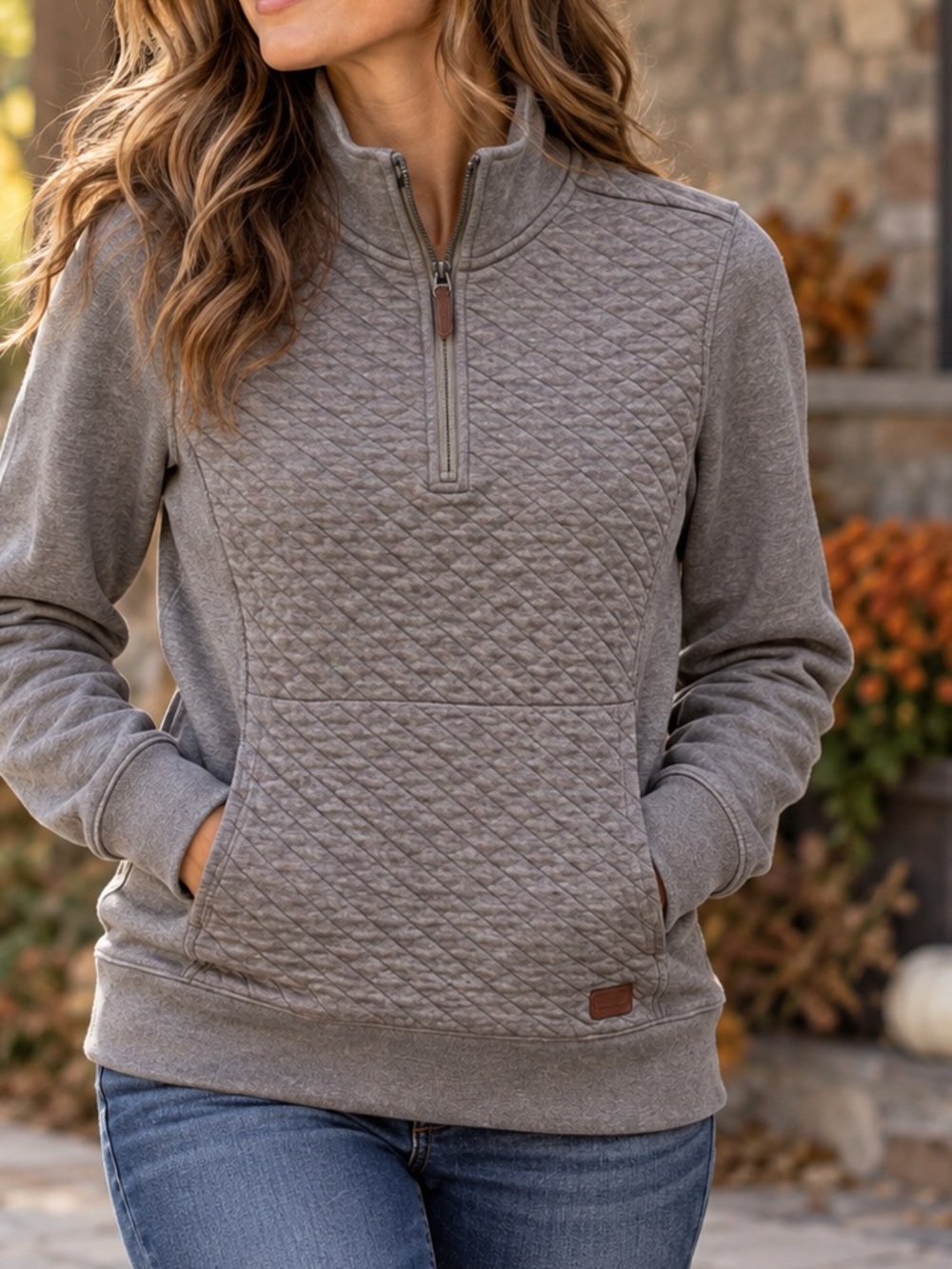 L.L. Bean Quilted Quarter Zip Pullover Size Small Brown Mock Neck Preppy Casual
